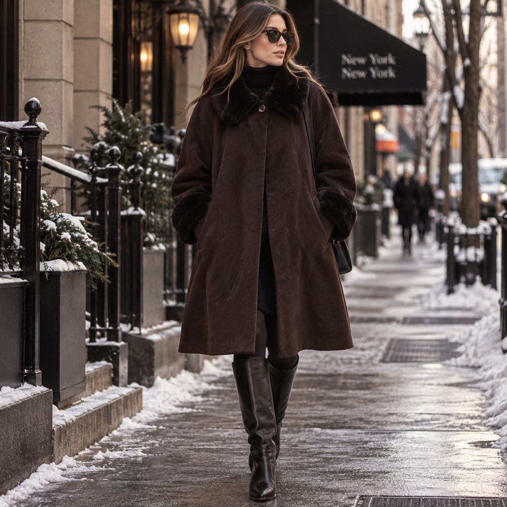 VTG Donnybrook Faux Fur Trim Wool Overcoat Women 6 Brown A-Line Long Sleeve Coat
